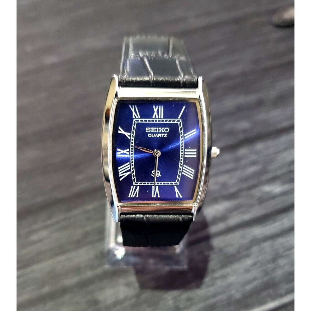 RARE NOS Seiko‎ Mens Tank Barrel Blue Satin Roman Dial Black Leather band…